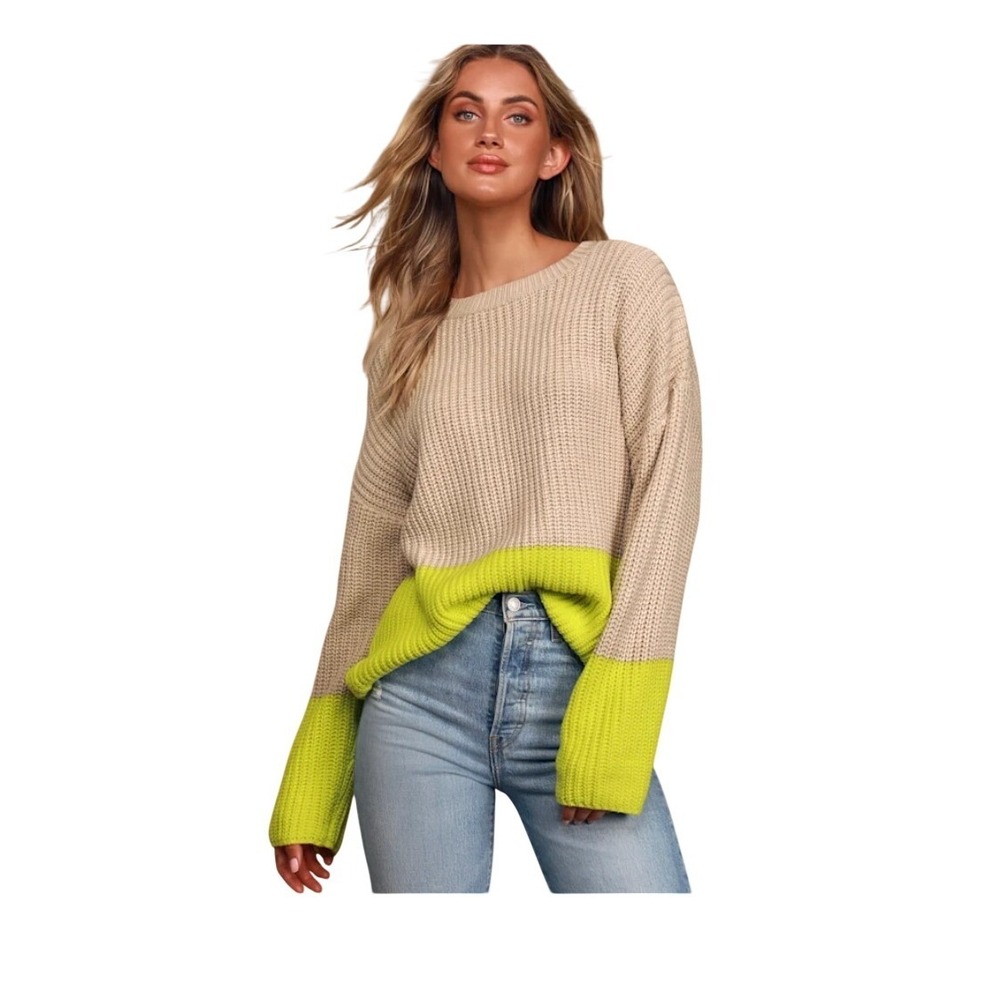 Lush Time To Unwind Sweater Taupe Neon Yellow‎ Colorblock Chunky Knit Cre M